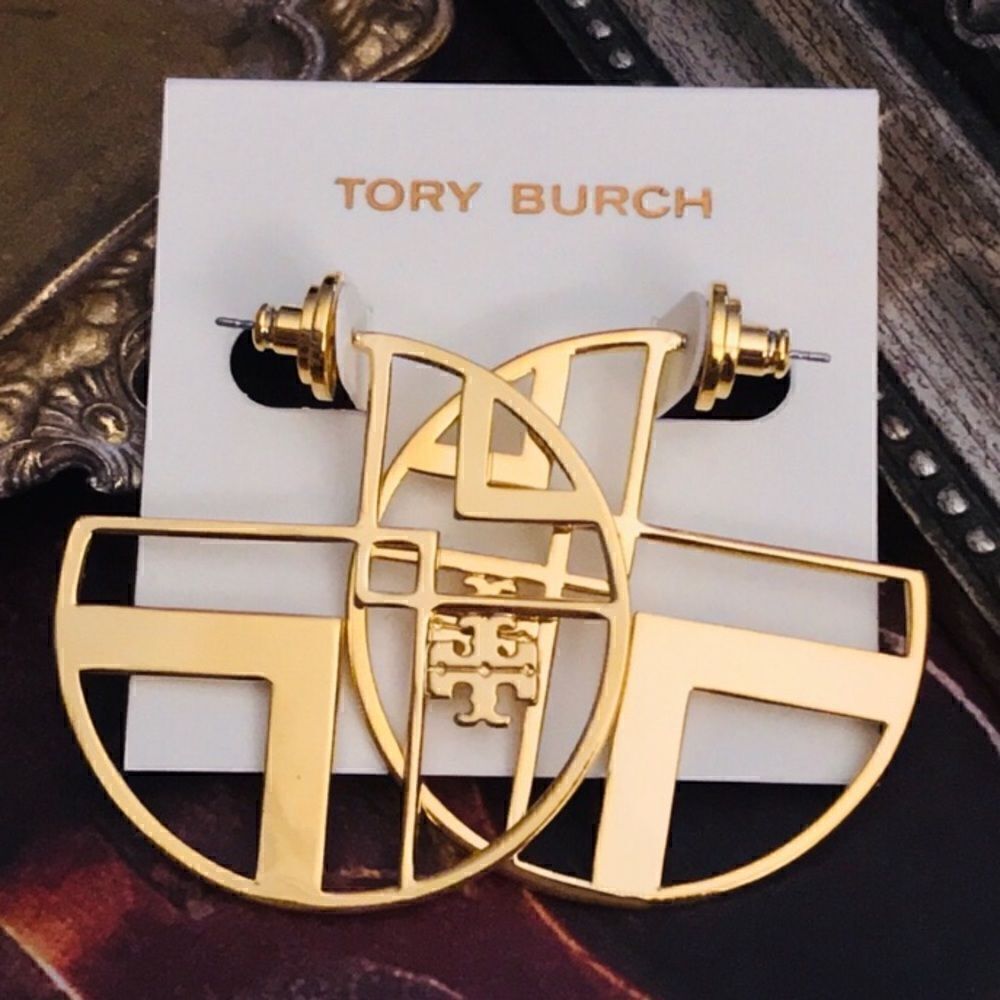 TORY BURCH GOLD GEOMETRY LOGO HOOPS EARRINGS